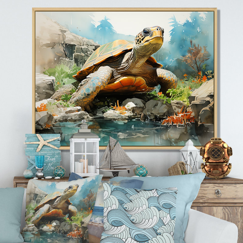 Vie marine contemporaine sur toile, H 24 po x l 32 po x P 1 po, Cadre naturel flottant
