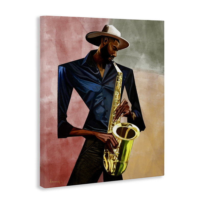 Toile de joueur de saxophone, conception par Manasseh Johnson Sr, H 30 po x l 24 po