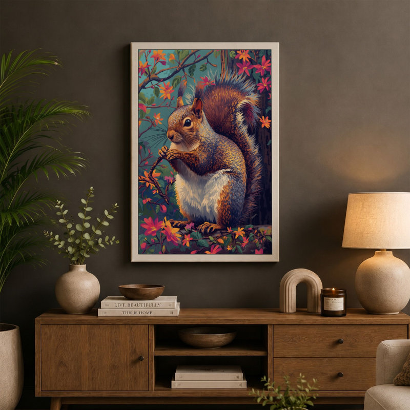 Squirrel Among Flowers Boho - Wrapped Canvas, 24x16 - 61.0 x 40.6 cm, Black Border