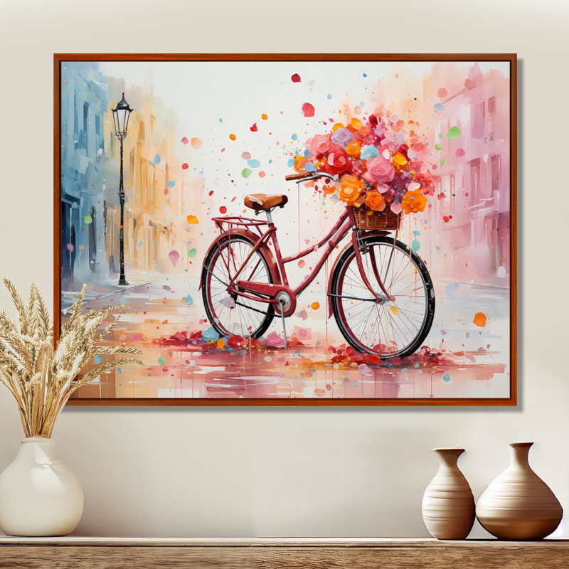 Vélo pédalant souvenirs - pointillisme mural, Cadre flottant brun, 16" H x 32" W