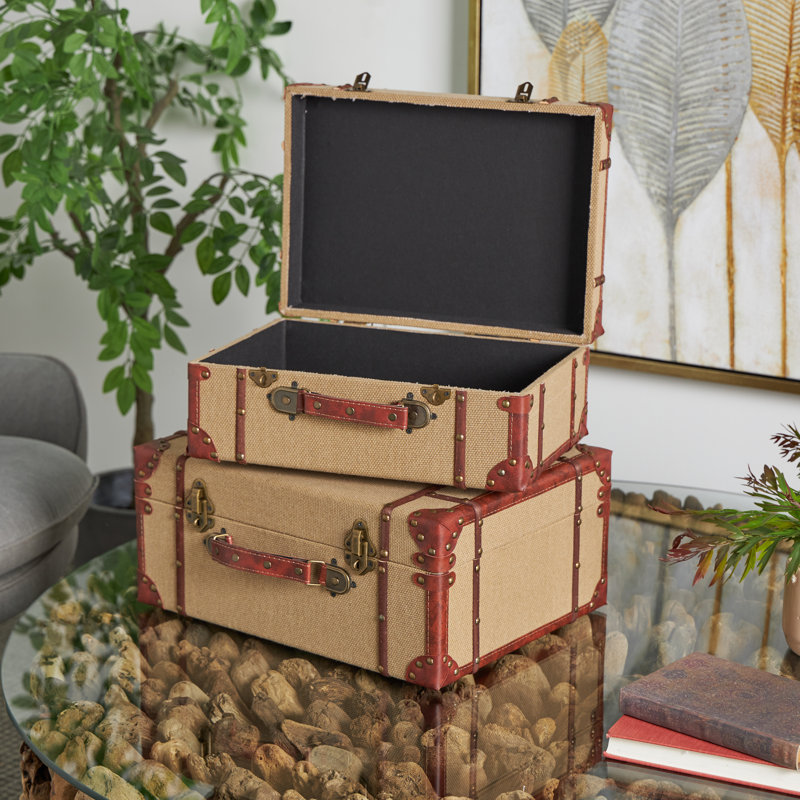 Hamachi Wooden Nesting Upholstered Decorative Beige Trunk with Vintage Accents and Studs Set