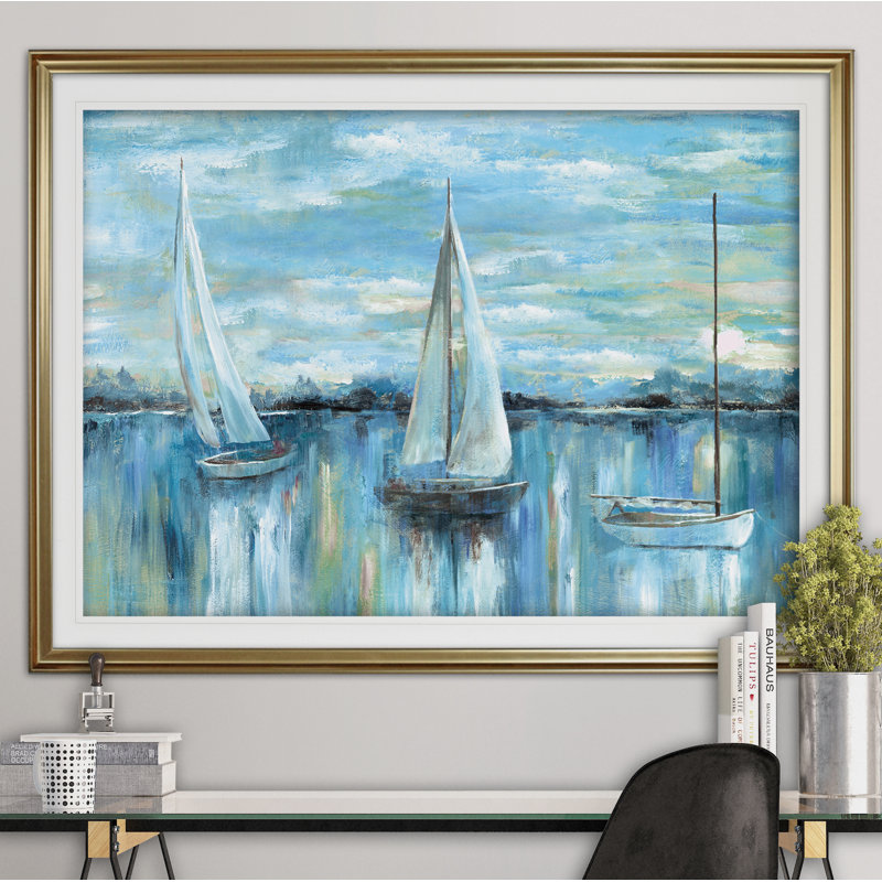 « soirée on the bay », reproduction de peinture à l’acrylique encadrée, Or, H 24 po x l 32 po x P 1,5 po