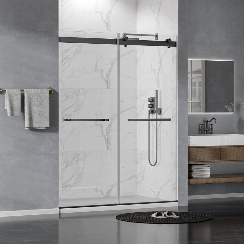 55-59＂W X 75＂H Double Sliding Shower Door With 5/16＂tempered Glass, Frameless Shower Door, Bathroom, Black