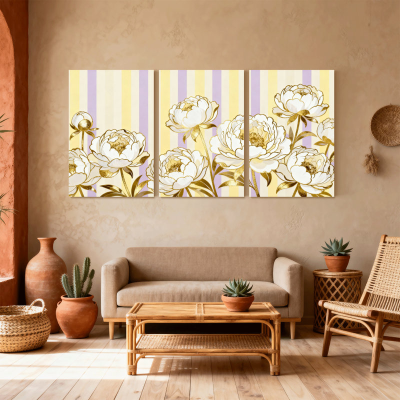 Plantes et fleurs, pivoines blanches dorées sur fond rayé, ensemble de 3 impressions sur toile, H 18 po x l 36 po