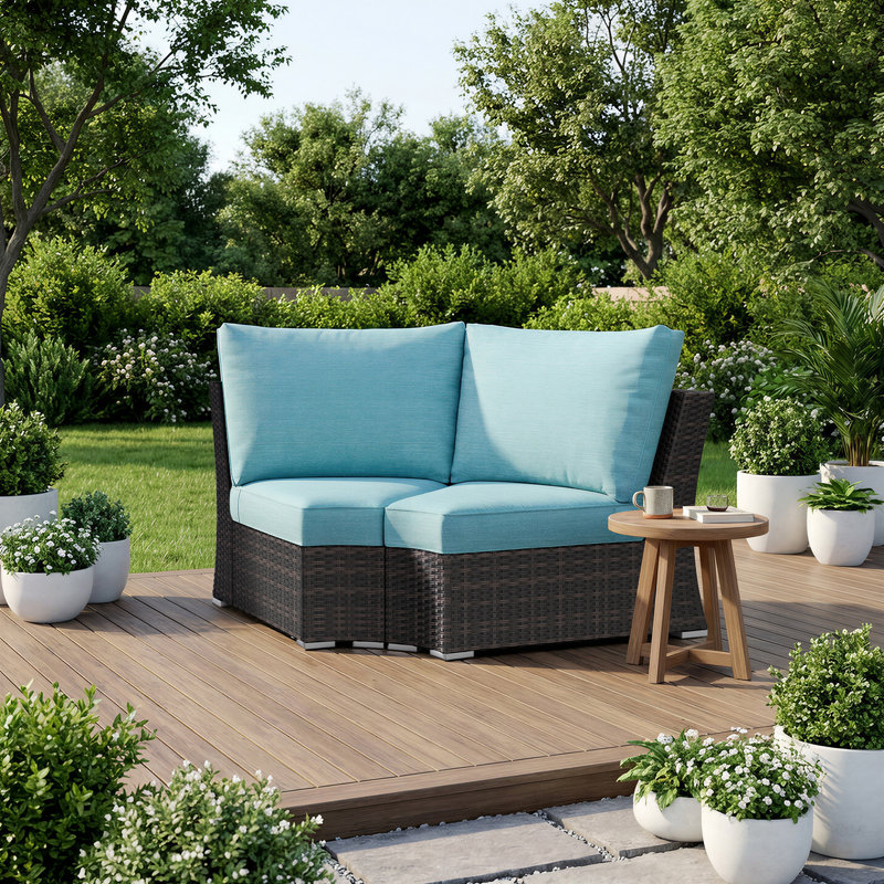  Canapé de coin en rotin pour terrasse 36 po x 36 po x 30 po, Coussin turquoise / cadre brun foncé