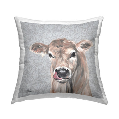 Baby Calf Cow Portrait Botanical Blossom Pattern Printed Throw Pillow Design By Michele Norman