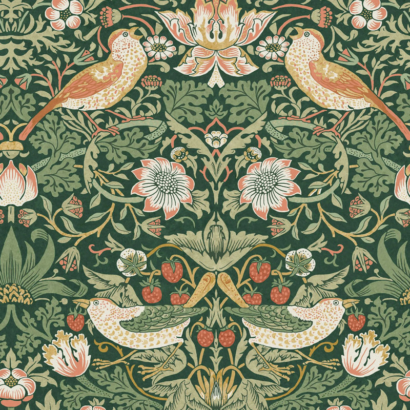 William Morris At Home Strawberry Thief Floral Wallpaper, Green