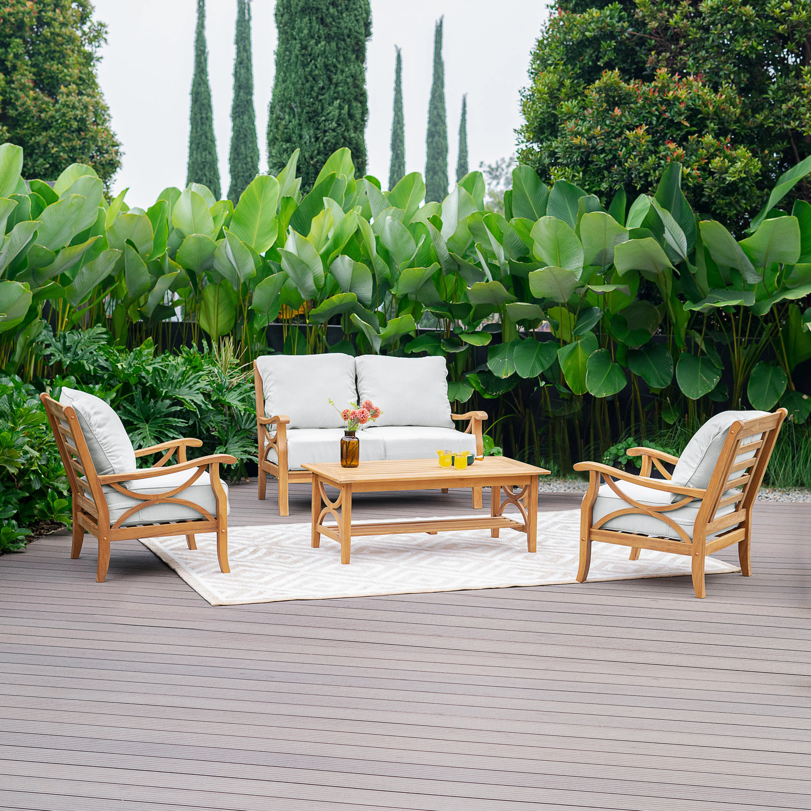 Brunswick 4-Person Teak Outdoor Seating Group With Cushions, Off White