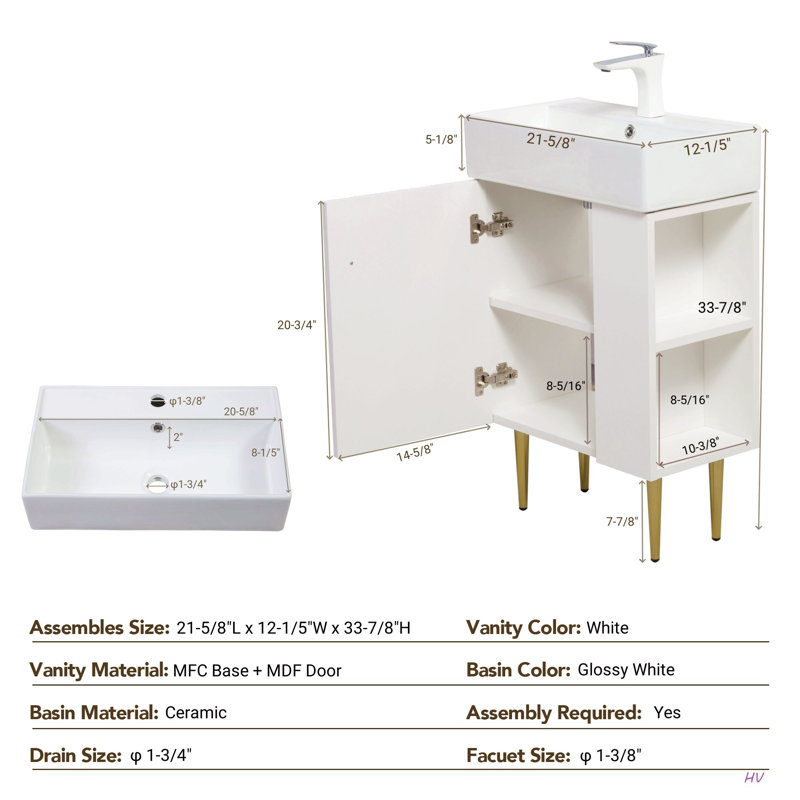 Meuble-lavabo à tablettes ouvertes de 21,6 po avec lavabo en céramique et porte à fermeture douce, armoire de rangement à tablettes ouvertes du côté droit