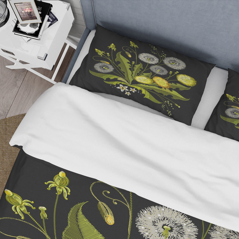 Pissenlit sur fond noir - ensemble de housse de couette traditionnel - microfibre de polyester