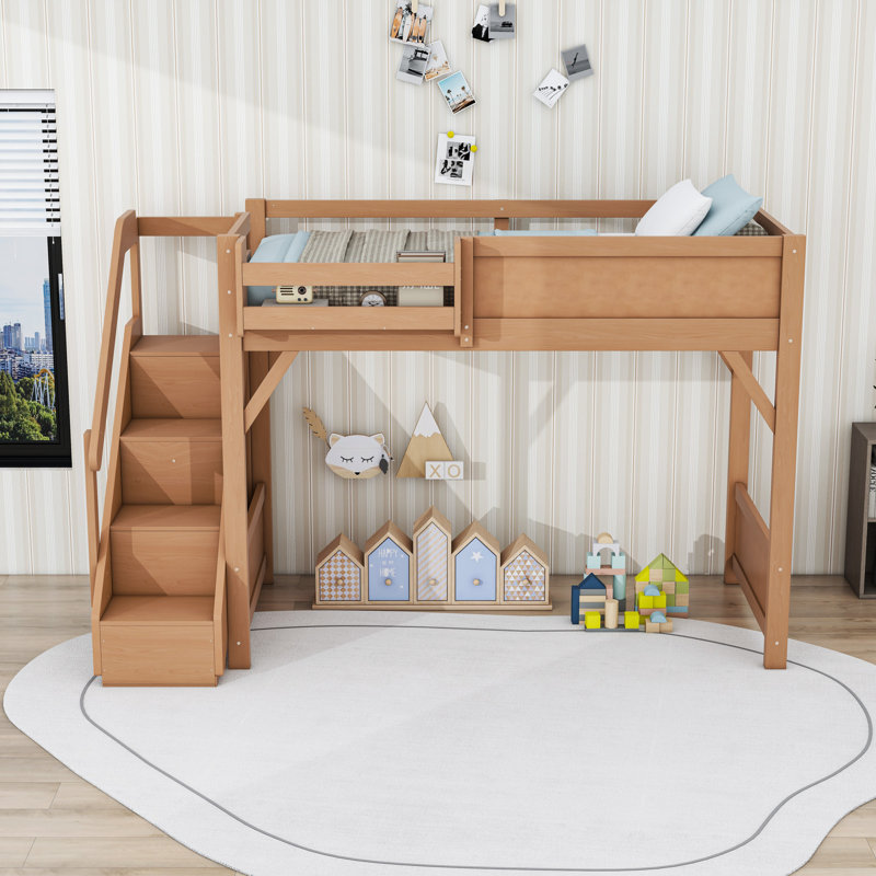 Lit mezzanine avec penderie et tablettes intégrées, Naturel foncé, Lit simple