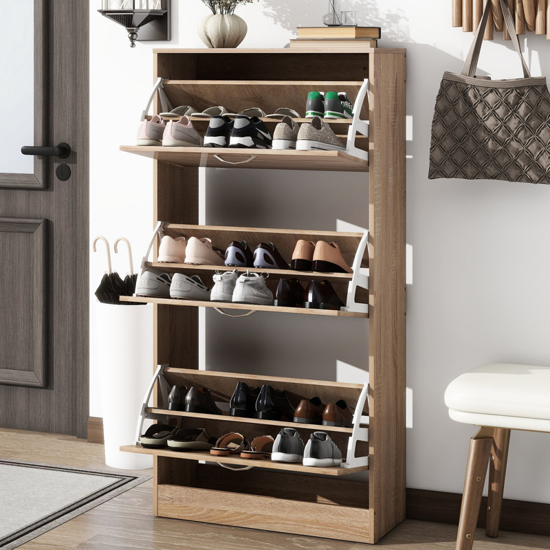 3 range-chaussures en bois avec tiroirs - rangement. La fabrication de panneaux de particules de grande capacité améliore la conception élégante de l'armoire de rangement à domicile. Fabriqué en carton, avec 2 tiroirs