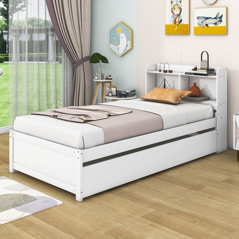 Lit plateforme en bois avec lit gigogne et bibliothèque, Simple, Blanc
