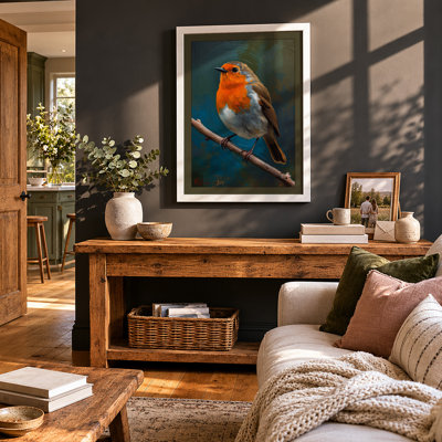 Robin on Branch Scandinavian - Framed Print