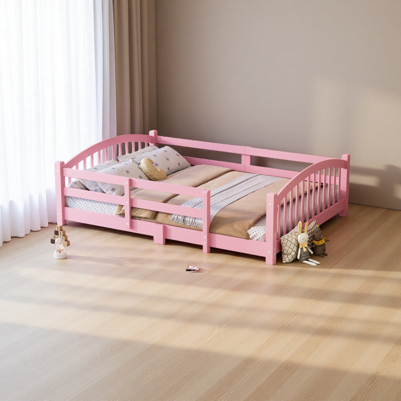 Solid Wood Floor Bed With Fence And Without Door, Full, Pink
