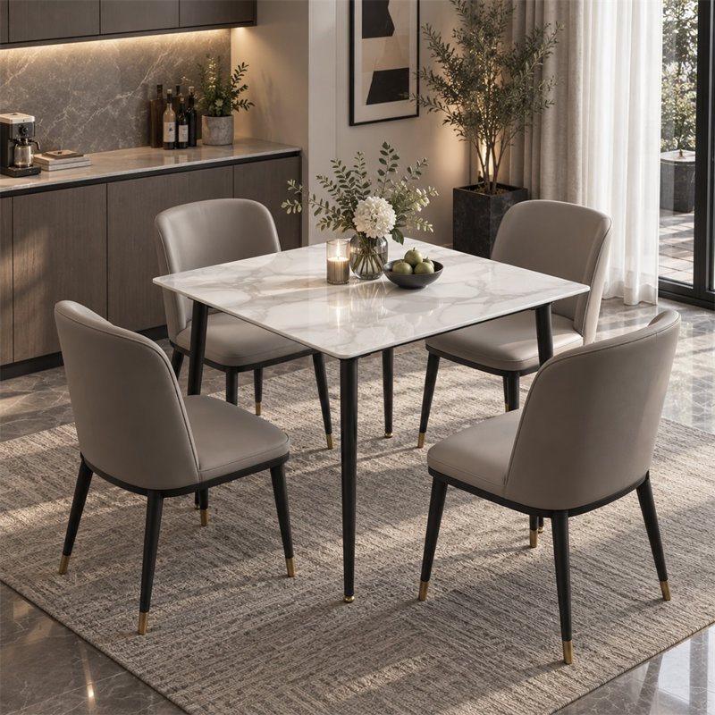 Annagh Stone Top Metal Base Dining Table, 29.9"H x 31.5" L x 31.5" W, Gloss White