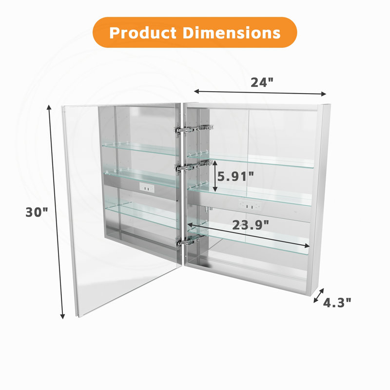 Pharmacie 24 po x 30 po à DEL avec antibuée, lumière à intensité variable, prise et ports USB