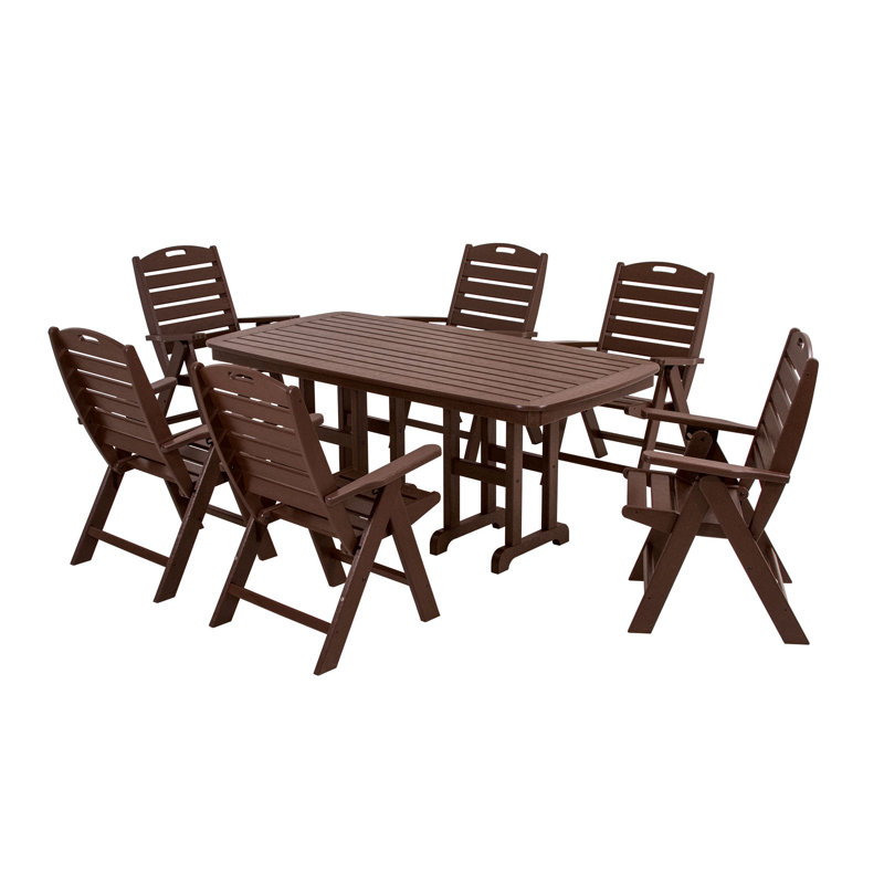 POLYWOOD Nautical Folding Highback Chair 7-Piece Dining Set, Mahogany