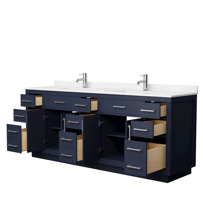 Beckett TK 84'' W Double Vanity, Dark Blue, Carrara Cultured Marble, Brushed Nickel