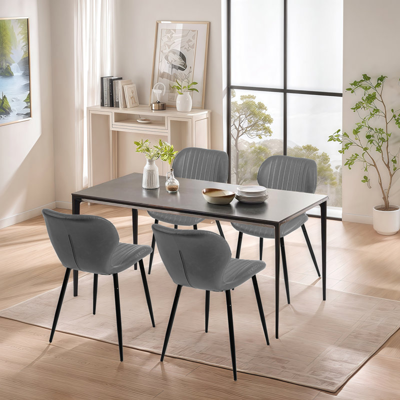 Set of 2 Modern Grey PU Leather Dining Chairs with Black Tapered Metal Legs, Ergonomic Curved Back, 300 lbs Capacity, Adjustable Foot Pads, Water-Resistant Upholstery for Kitchen & Dining Room