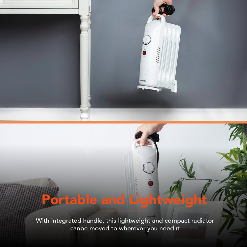 Warmlite 5 Fin Oil Filled Radiator with Adjustable Thermostat and Overheat Protection, 650W, White