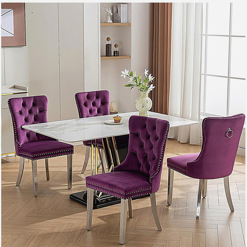 Tufted Solid Wood Contemporary Velvet Upholstered Dining Chair with Chrome Stainless Steel Plating Legs,Nailhead Trim,Set of 2