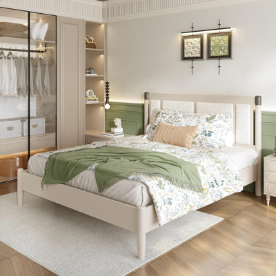 Solid Wood Queen Bed, Heavy Duty 500 Lbs Support, No Box Spring Needed, Grey Upholstered Headboard With Metal Handles