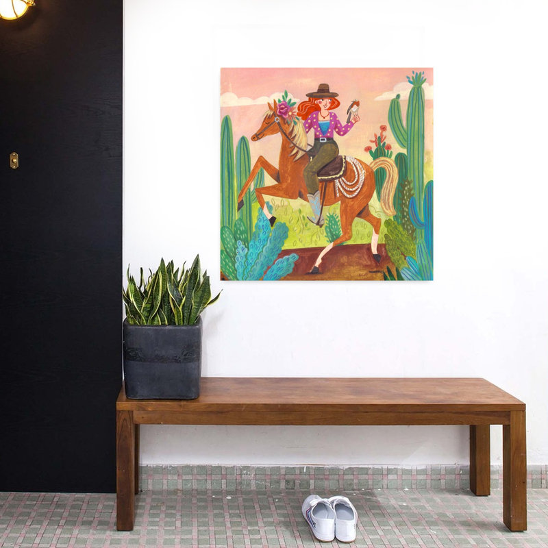 Cowgirl on horse in the desert Abstract Contemporary Bird Cactus Horse Flower Landscape Wall Art Print, 81.28cm H x 81.28cm W