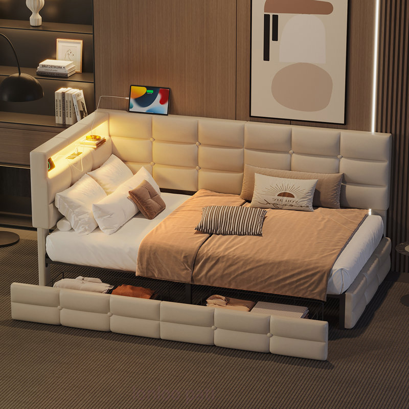 Upholstered Twin Size Daybed with Storage, LED Lights, and Charging Station for Modern Living, Beige
