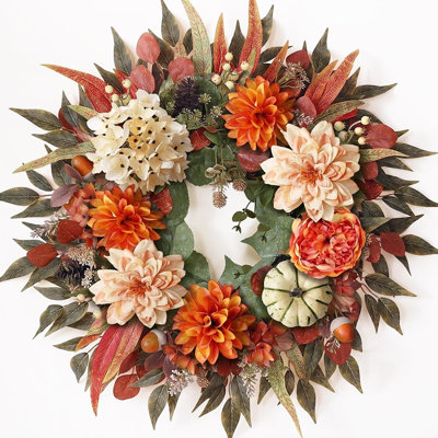 Couronne d'hortensia artificielle et de dahlia 24 po - Décoration florale d'automne en soie réaliste pour porte d'entrée, porche et maison de campagne