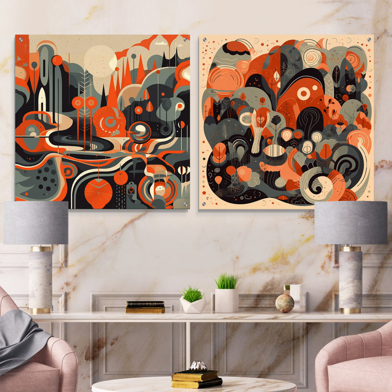 «Evolving Abstractions I» - Ensemble de 2 verres muraux abstraits en acrylique Mid-Century, H 16 po x l 33 po