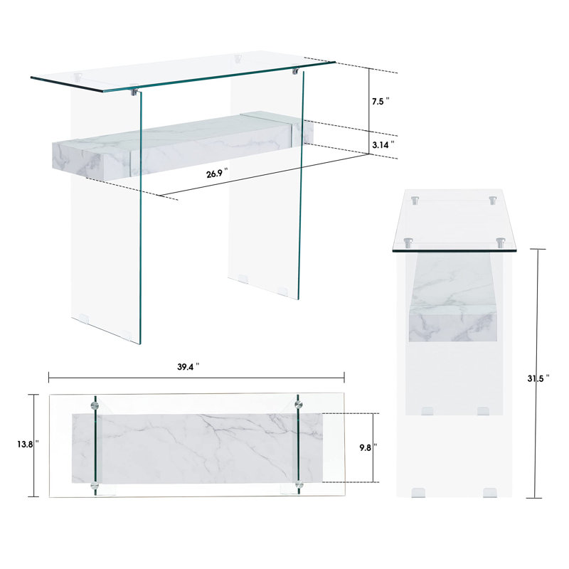 Console en verre trempé avec tablette, Marbre blanc, H 31,5 po x l 31,5 po x P 13,8 po