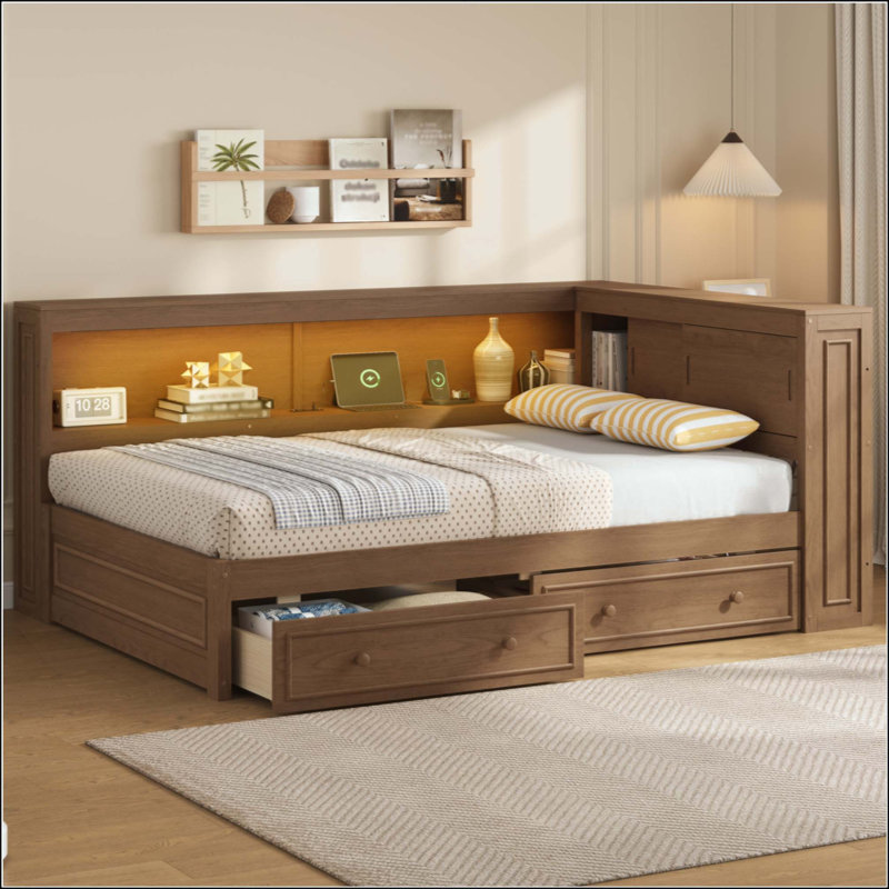 Lit de jour en bois avec tablettes de rangement, USB, DEL et 2 tiroirs, Bois
