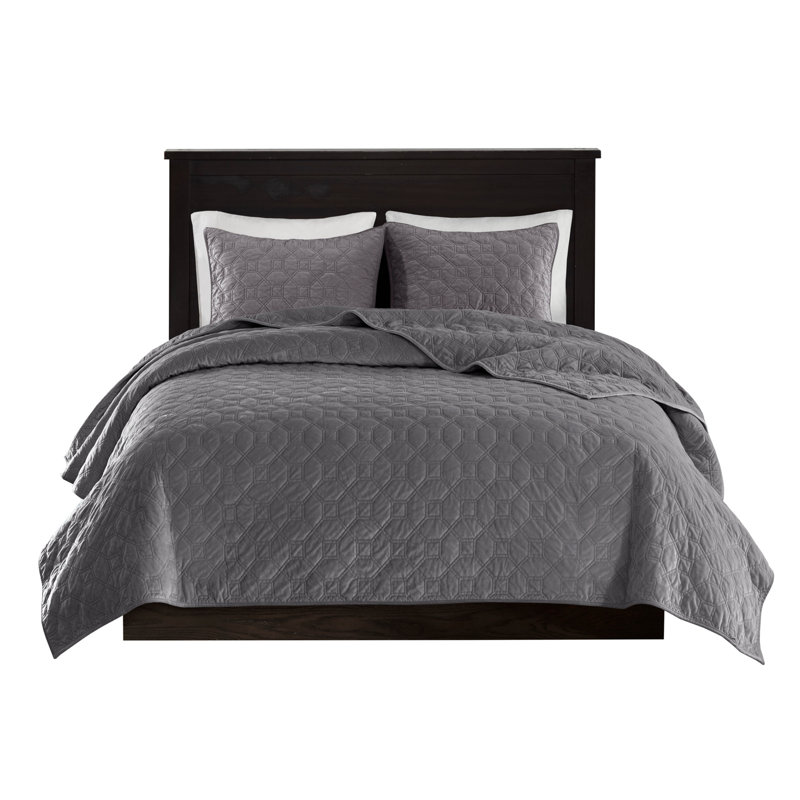 3 Piece Velvet Quilt Set, Gray, Full Quilt + 2 Standard Shams