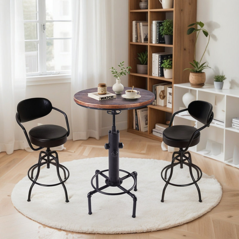 Anguel Pine Round Solid Wood Top Metal Base Dining Table, Brown/Black
