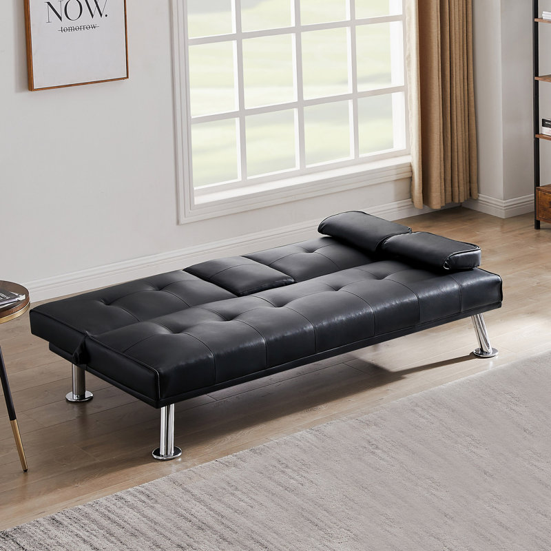 Loveseat Sofa Bed with Cup Holders,Convertible Folding Sleeper Couch Bed, Faux Leather Black