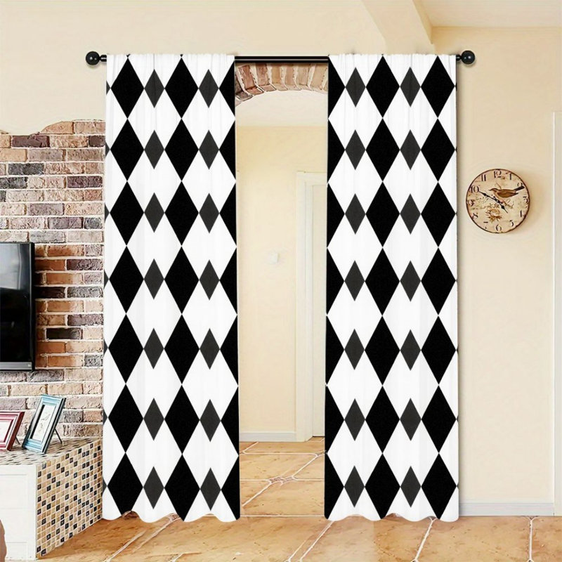 2Pcs Black and White Geometric Design Curtains, Rod Pocket Light Filtering, Modern Minimalist Style, All-Season For Living Room Bedroom Study Window Decor