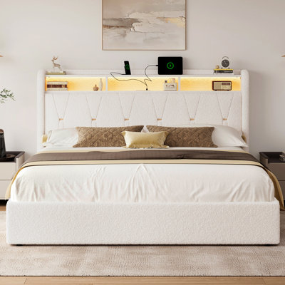 Upholstered Bed With Storage Headboard, Queen Platform Bed Frame With Storage Drawers&led, White by Hokku Designs