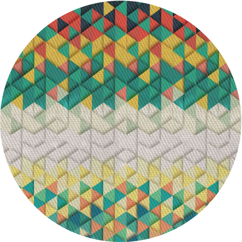 Tapis géométrique vert / jaune / crème, Rond 8 pi