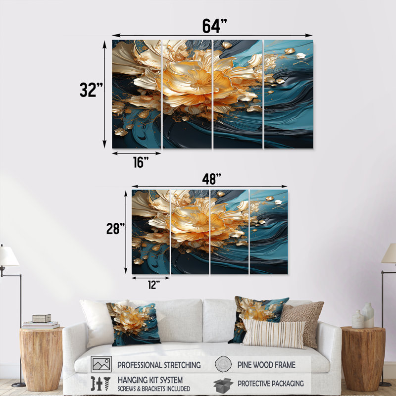«Golden Abstract Flower On Teal Waves» - ensemble d'art mural floral moderne 4 pièces, H 28 po x l 48 po