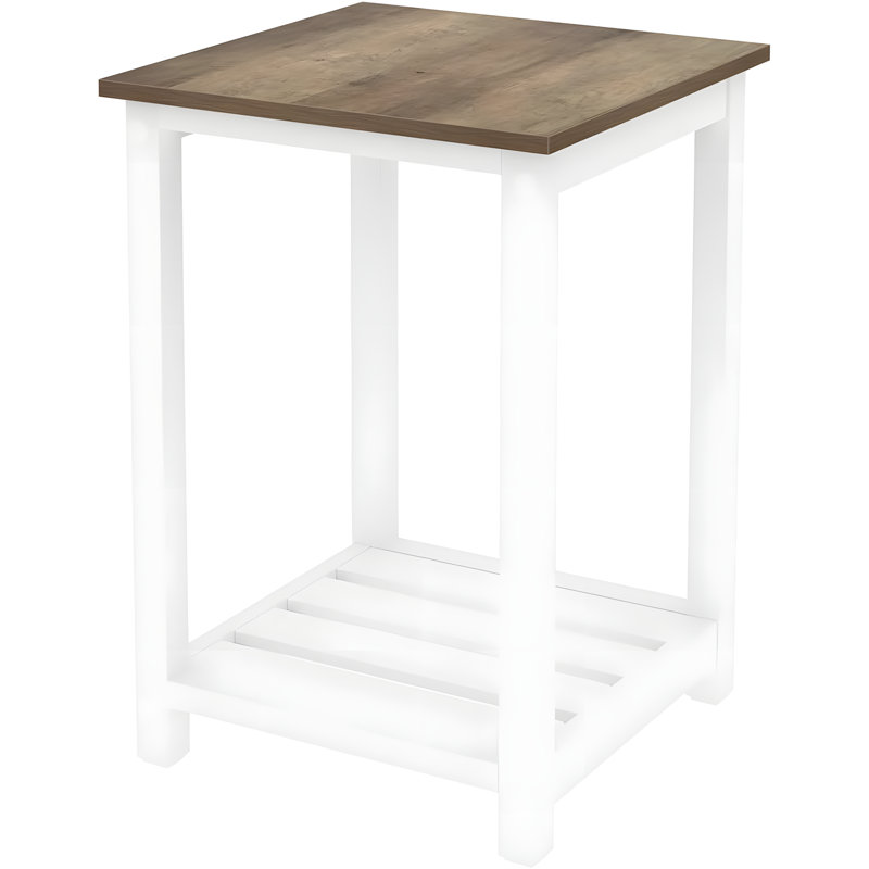 Farmhouse White Side Table With Oak Finish, Rustic End Table With Storage Shelf For Living Room Or Bedroom