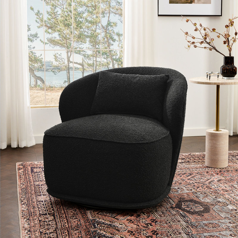 Queensland 33" Wide Boucle Upholstered Swivel Barrel Chair, Black Boucle