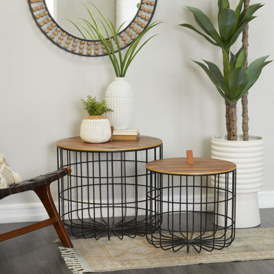Metal Decorative and Functional Storage Basket with Wood Lids