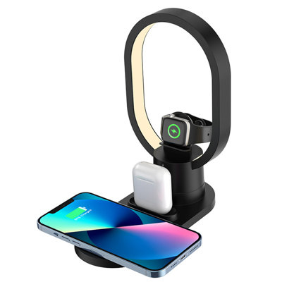 Station de charge sans fil 4 en 1 avec veilleuse à DEL, support de téléphone réglable, organisateur de table de chevet pour chambre à coucher, bureau, table de chevet