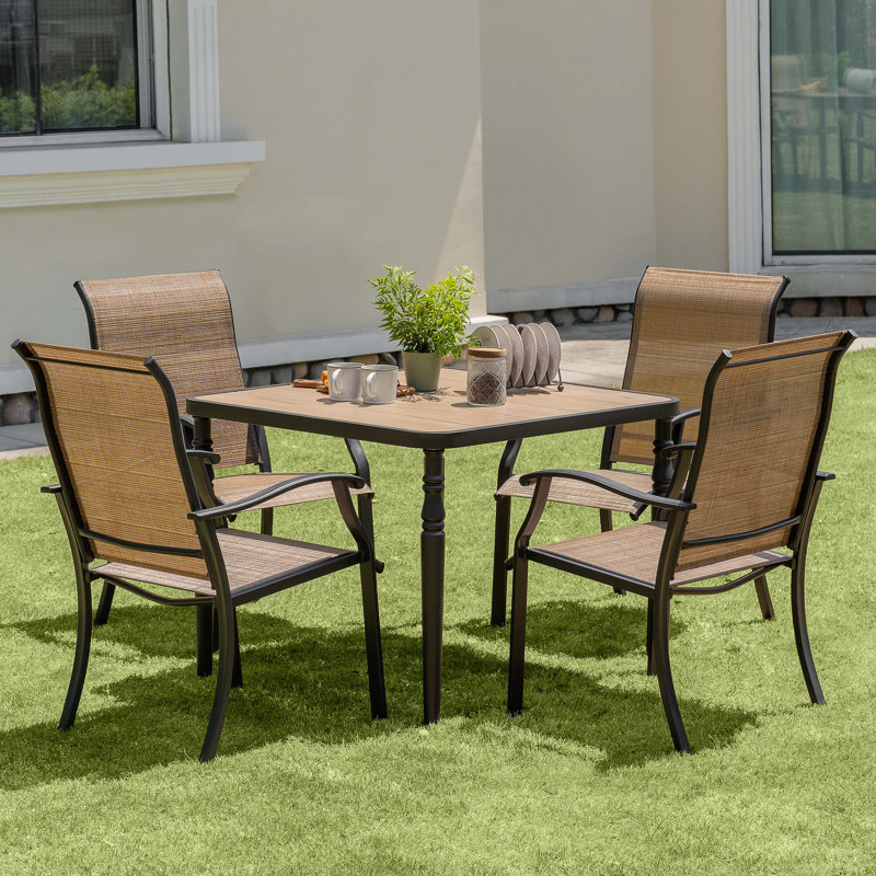 Patio PVC-coated polyester Dining Set Of 5 With Umbrella Hole, Wood-grain Tabletop, Brown