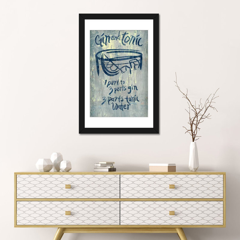 «Gin and Tonic Blue», art textuel sur toile, H 32 po x l 24 po x P 1 po, Papier d'art encadré noir, Blanc