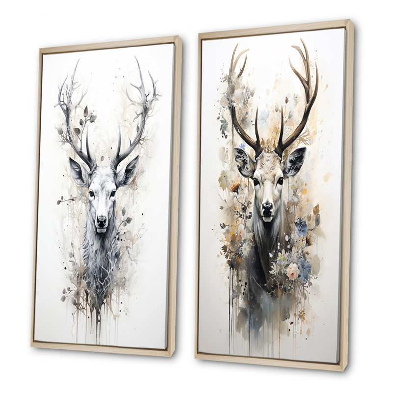 Portrait de cerf noir et blanc - ensemble de 2 reproductions d'art sur toile, Encadrement brun, H 32 po x l 33 po