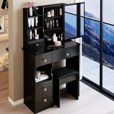 Table de coiffeuse de 29,2 po avec tiroir de gauche, tabouret rembourré, très grand miroir coulissant à droite, rangement multicouche à grande capacité, idéal pour les petites chambres à coucher, style américain, espaces de vie noirs,