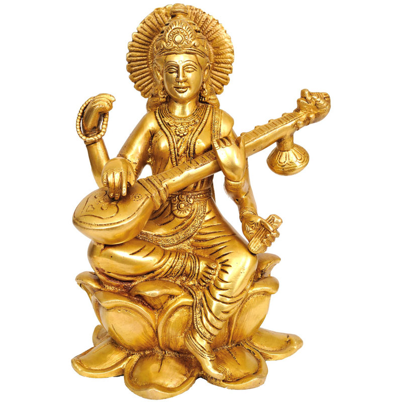 9 Inch Goddess Saraswati Brass Statue - Handcrafted Hindu Deity of Knowledge & Arts Figurine for Home Office, Student Room & Educational Spiritual Decor
