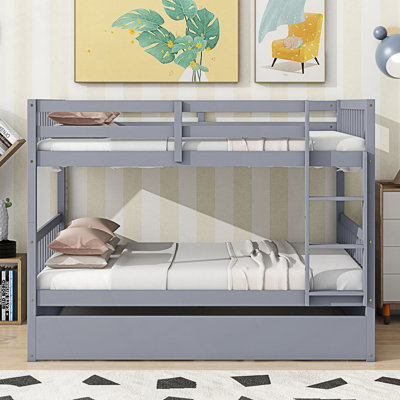 Full Over Full Bunk Bed With Trundle, Ladder And Guardrails, Convertible To 2 Full Size Beds